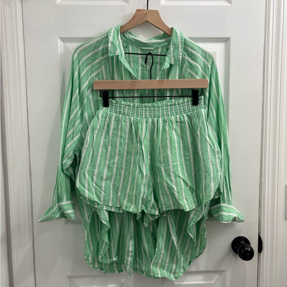 Aerie Green & White Striped Button-Down Shirt and Shorts Set